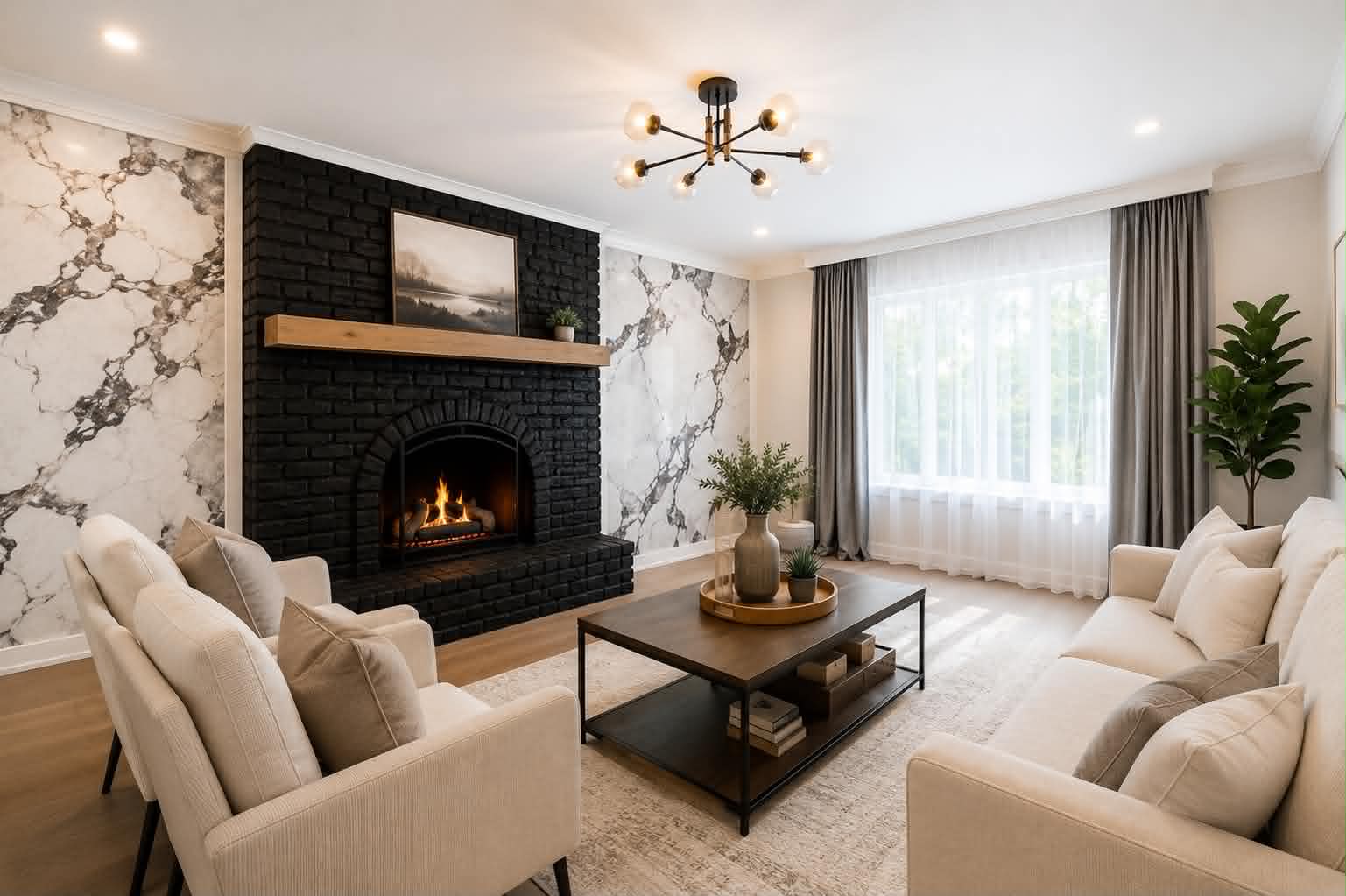 Renovated living room with black brick fireplace