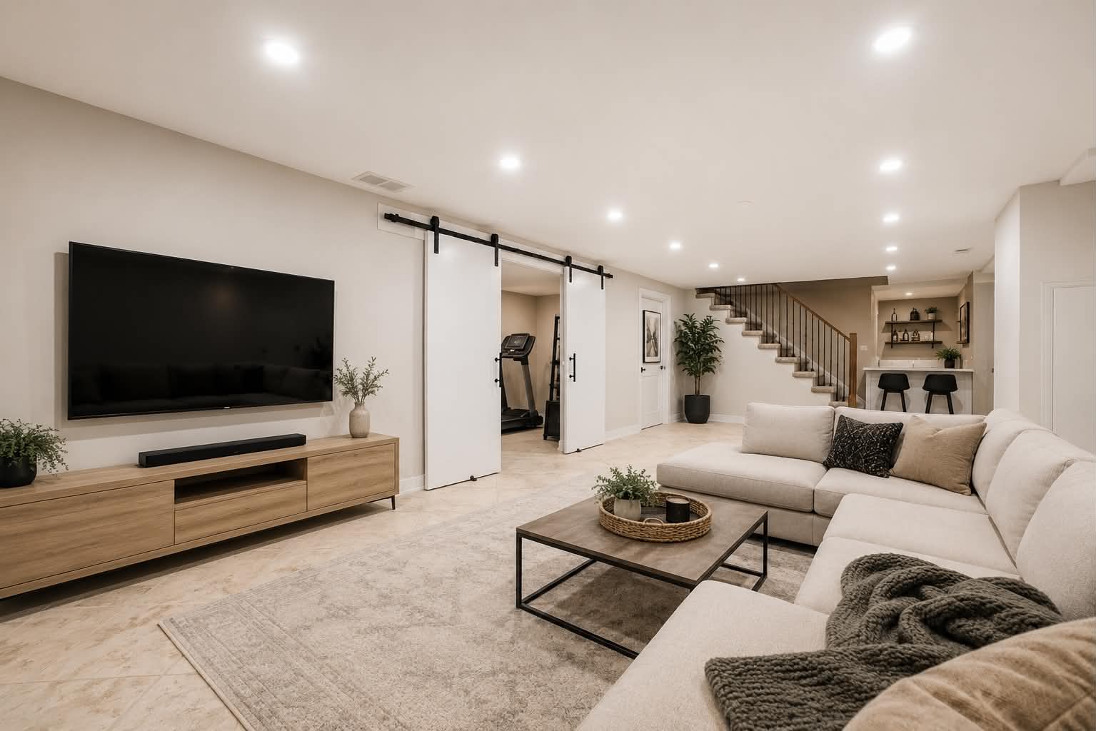 Finished basement lounge with sectional and bar area