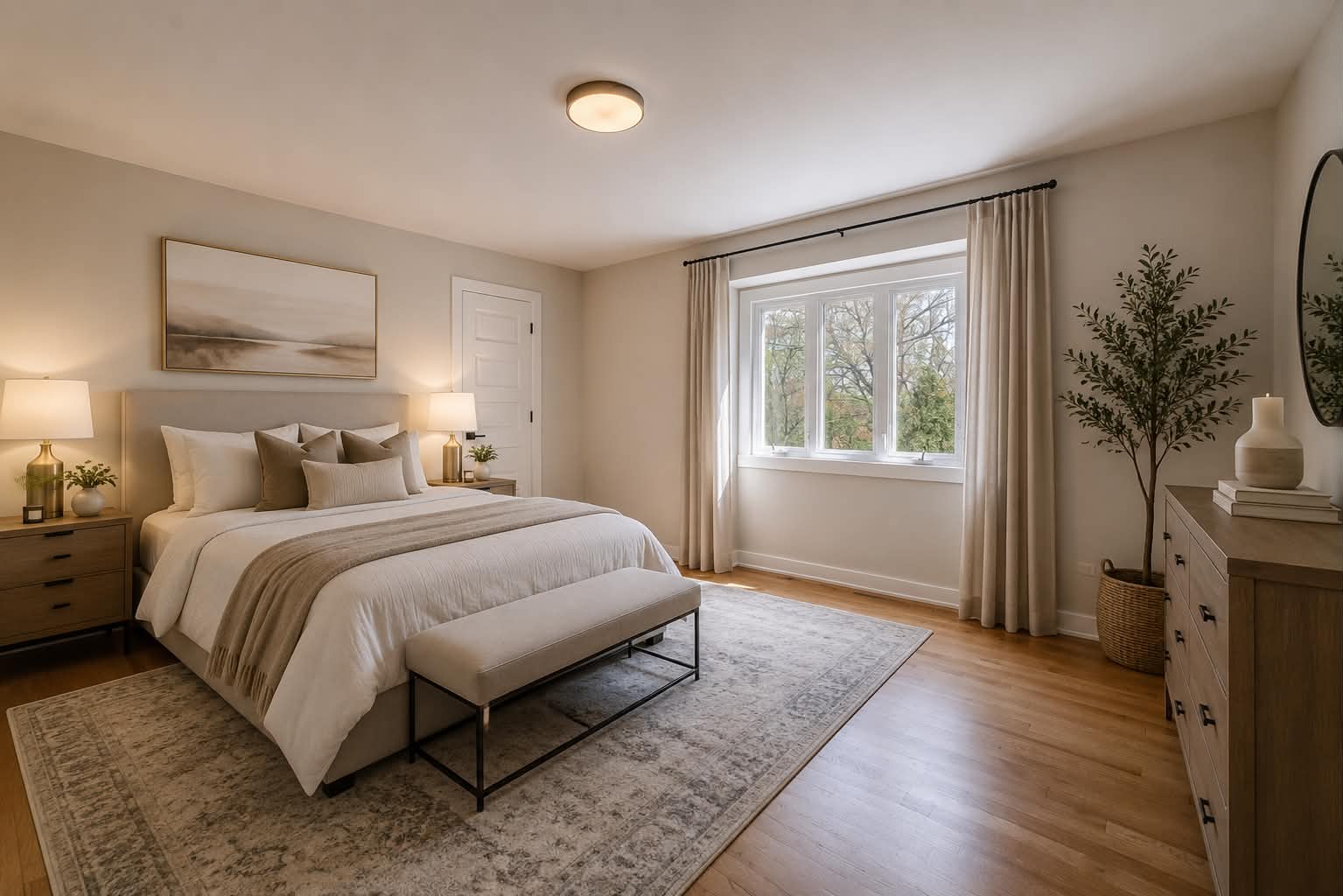 Renovated bedroom in warm neutral tones
