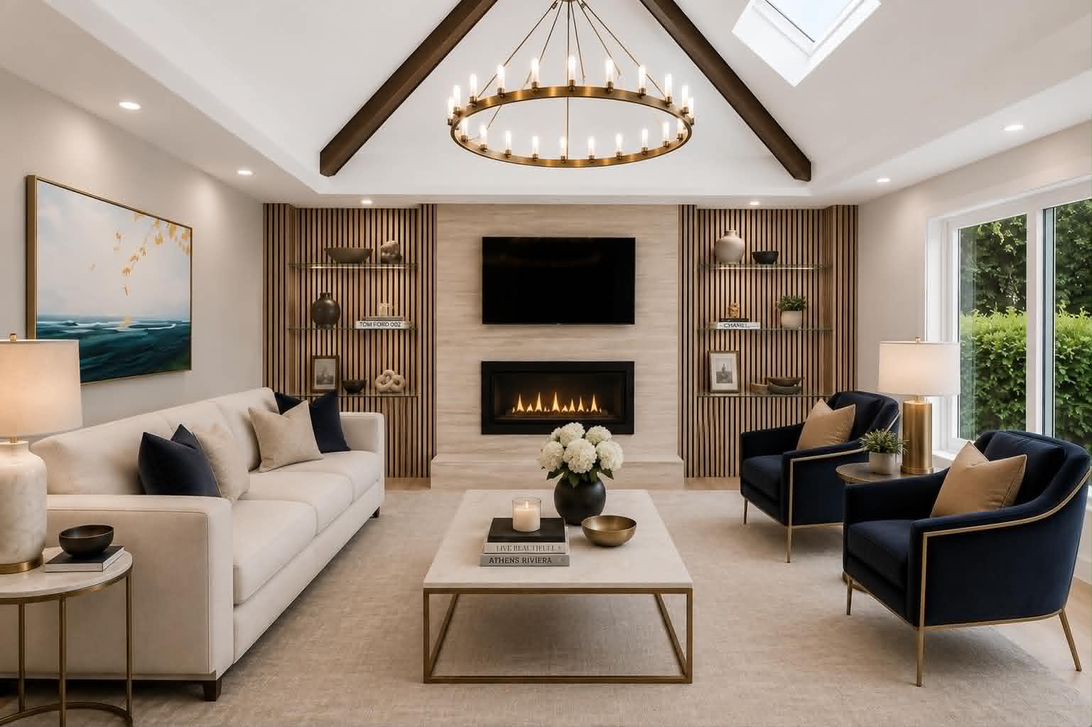 Renovated living room with fireplace and slat millwork