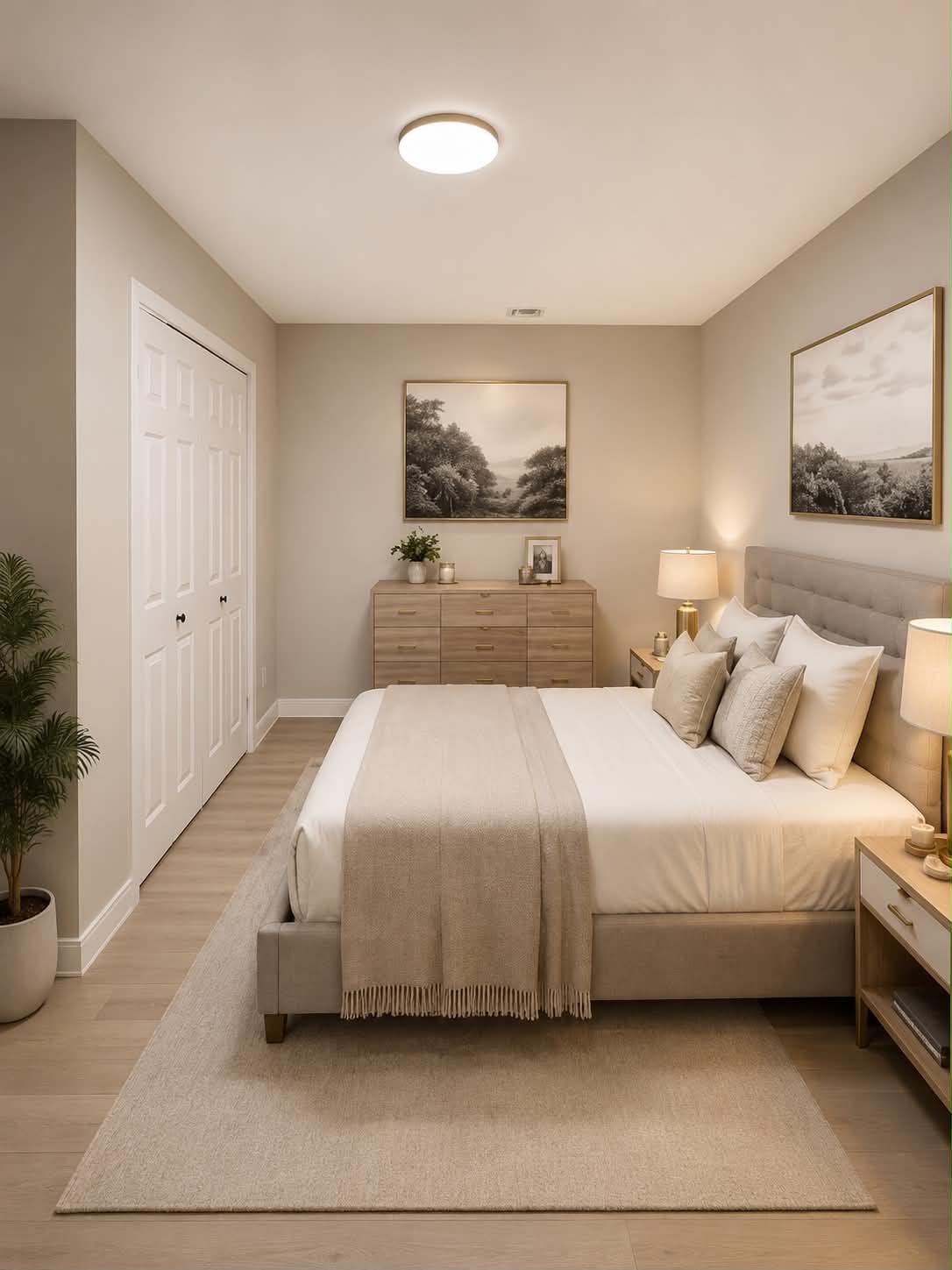 Renovated guest bedroom in neutral tones