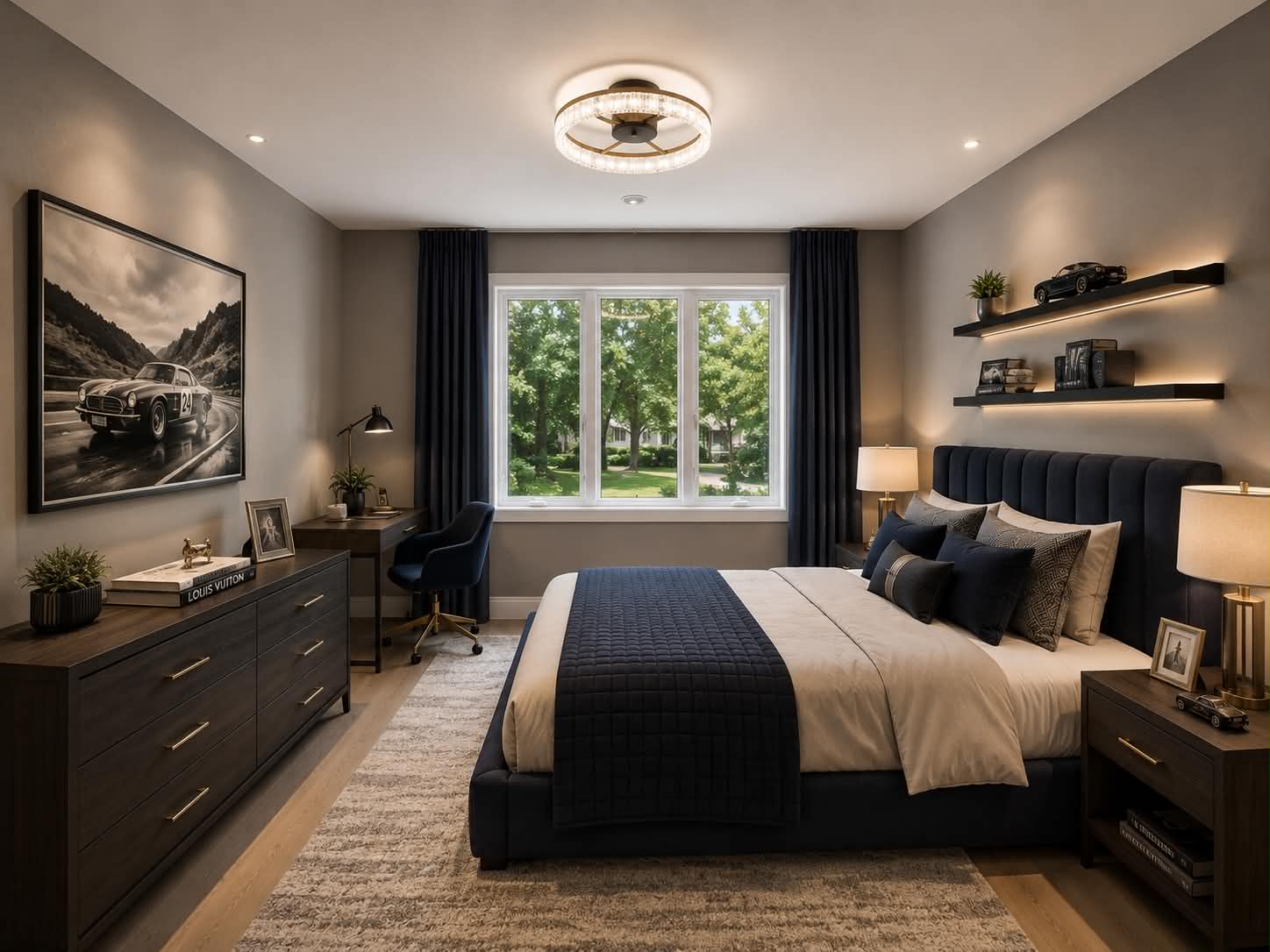 Renovated bedroom with navy accents and shelving
