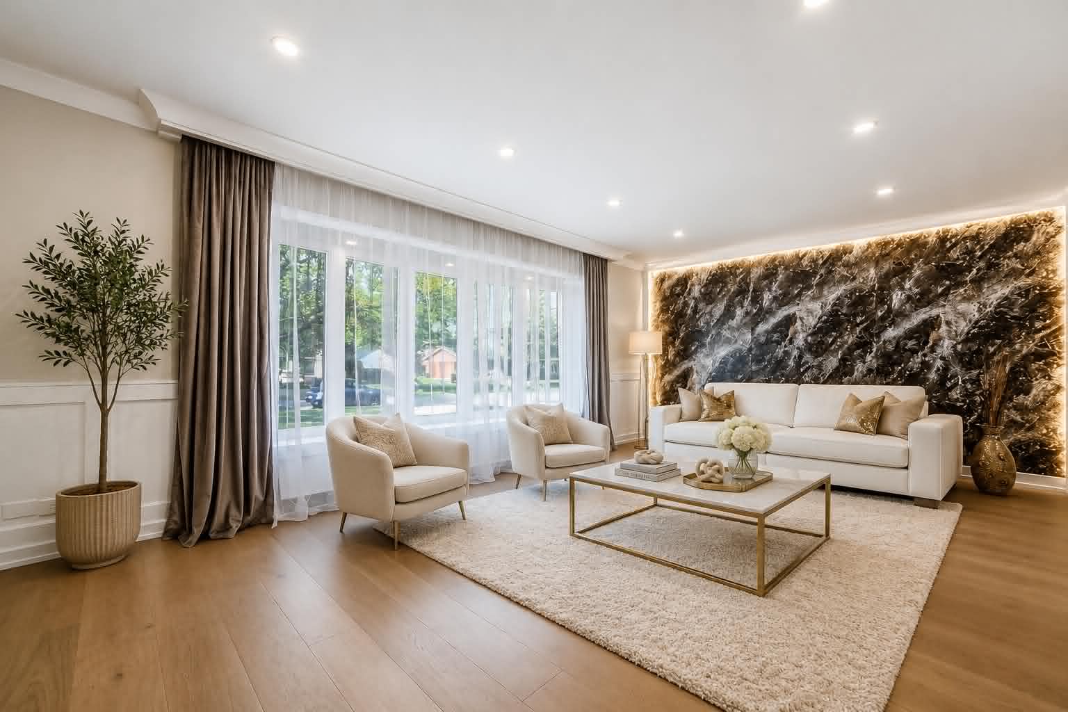 Renovated living room with backlit stone feature wall