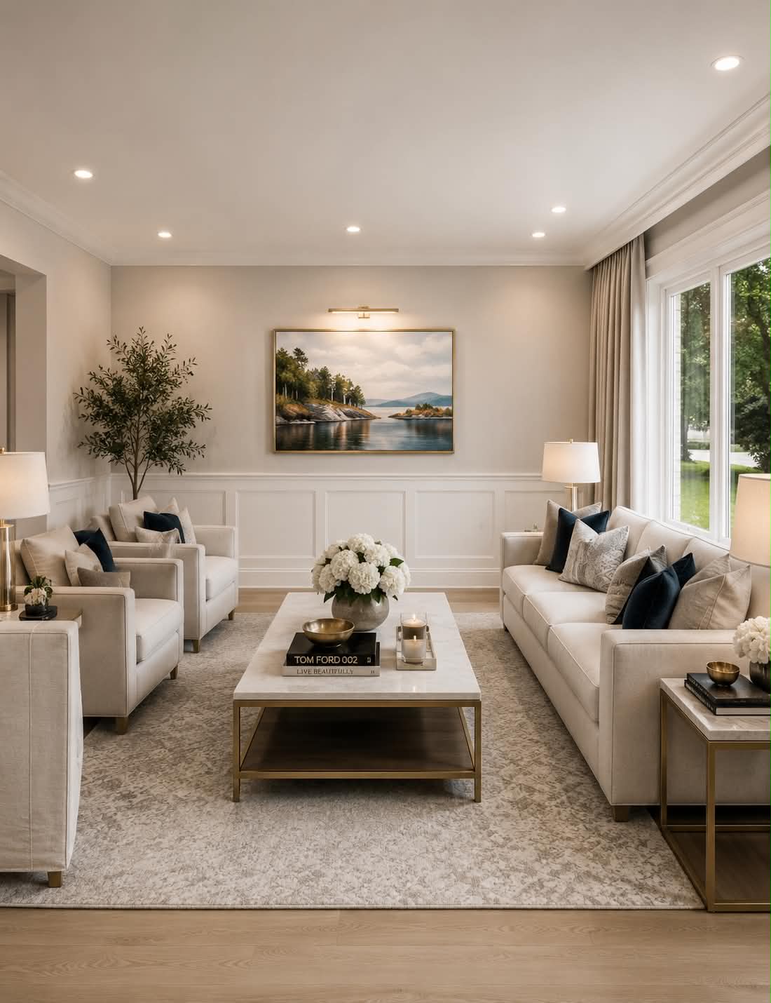 Renovated sitting room with neutral furnishings